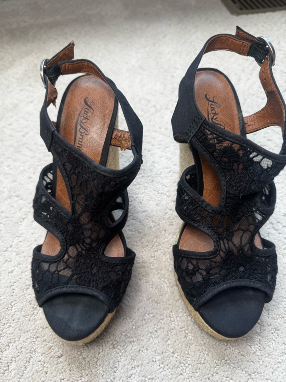 Lucky Brand Black Lace Espadrille Wedge Sandals - 6.5